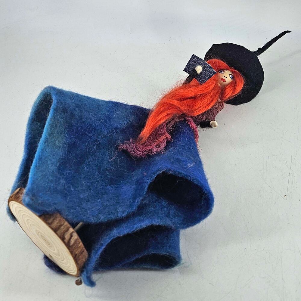 Hand crafted painted made wool wood witch in hat doll figurine - Picture 6 of 7